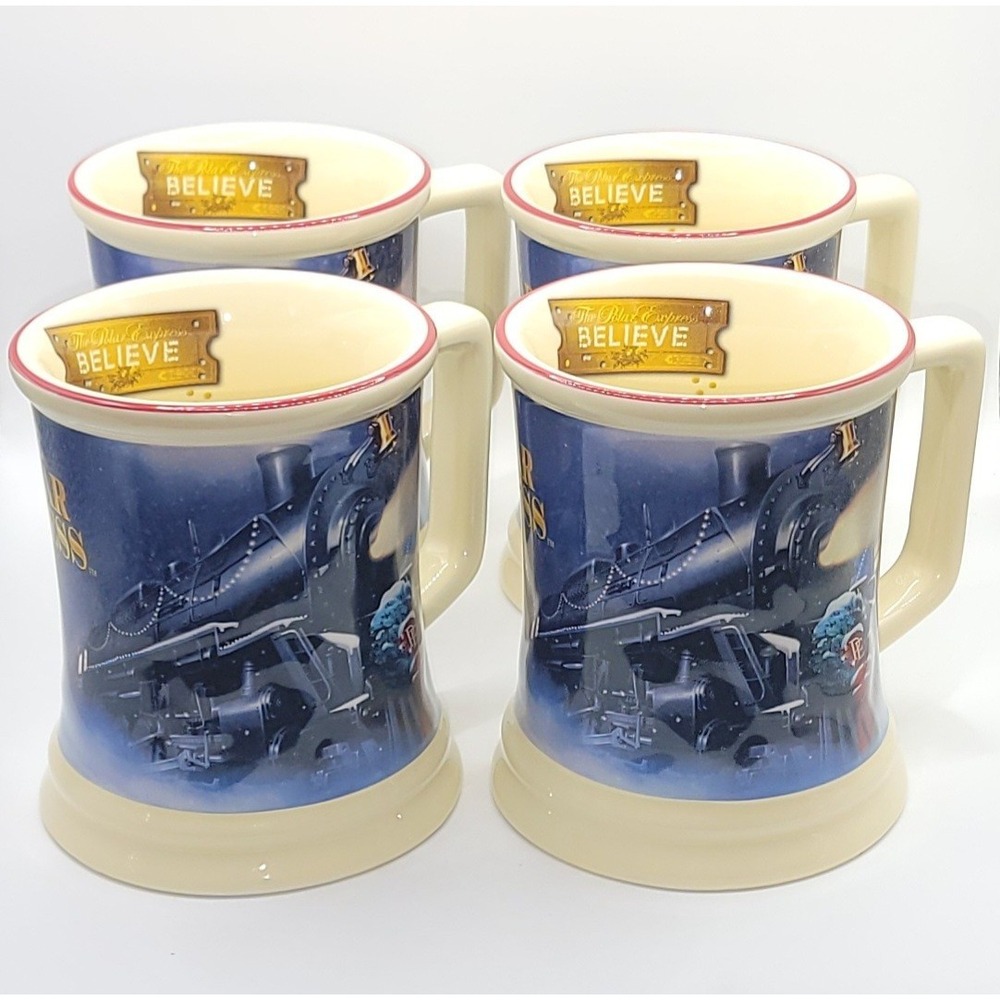 4 Polar Express Believe Train 3D Raised Ceramic Coffee Mugs Set Four Christmas